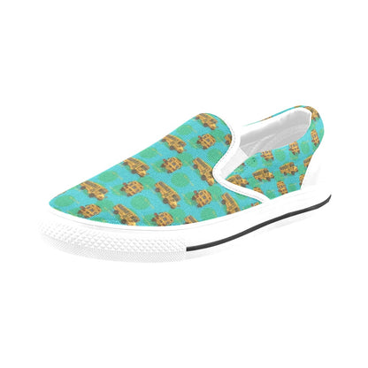 School Bus Print Design LKS308 White Slip Ons Canvas Women's Shoes