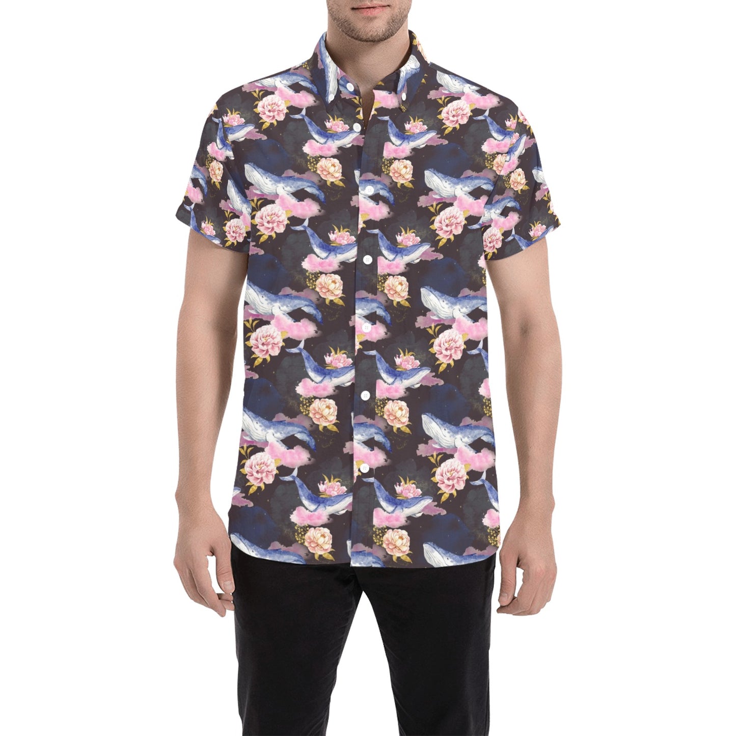 Blue Whale Print Design LKS401 Men Short Sleeve Button Up Shirt