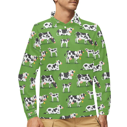 Cow Happy Print Pattern Long Sleeve Polo Shirt For Men's