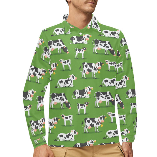 Cow Happy Print Pattern Long Sleeve Polo Shirt For Men's