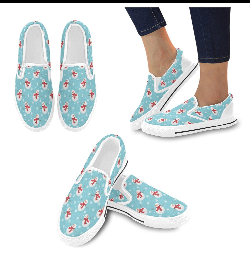 Snowman Print Design LKS304 White Slip Ons Canvas Women's Shoes
