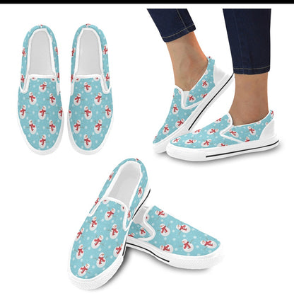 Snowman Print Design LKS304 White Slip Ons Canvas Women's Shoes
