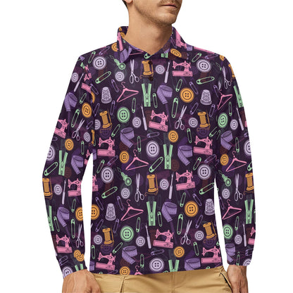 Sewing Equipment Print Design LKS306 Long Sleeve Polo Shirt For Men's