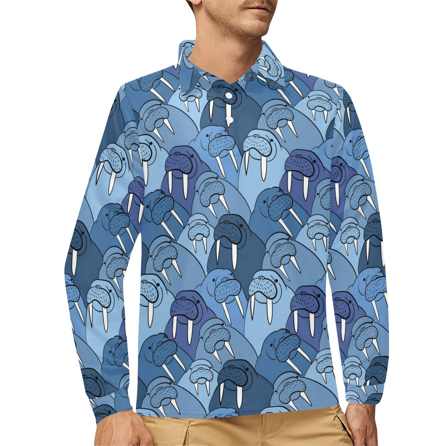Walrus Pattern Print Design 01 Long Sleeve Polo Shirt For Men's