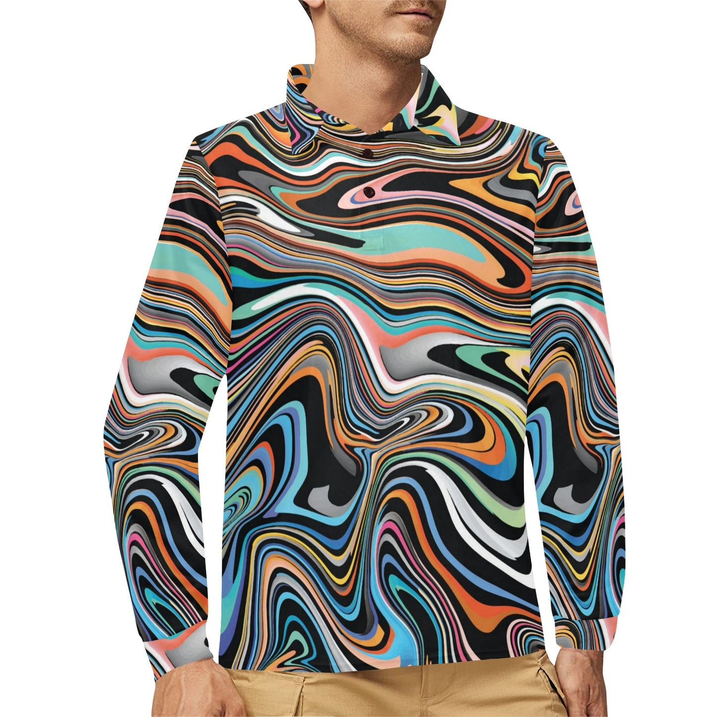 Liquid Pattern Print Design 02 Long Sleeve Polo Shirt For Men's