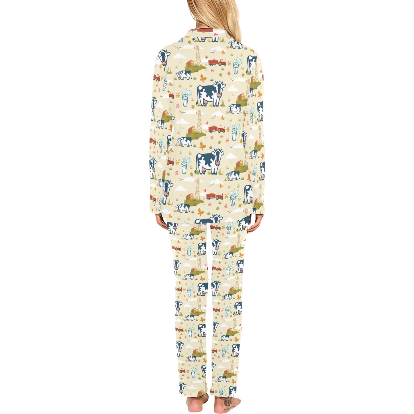 Cow Farm Design Print Women's Long Pajama Set