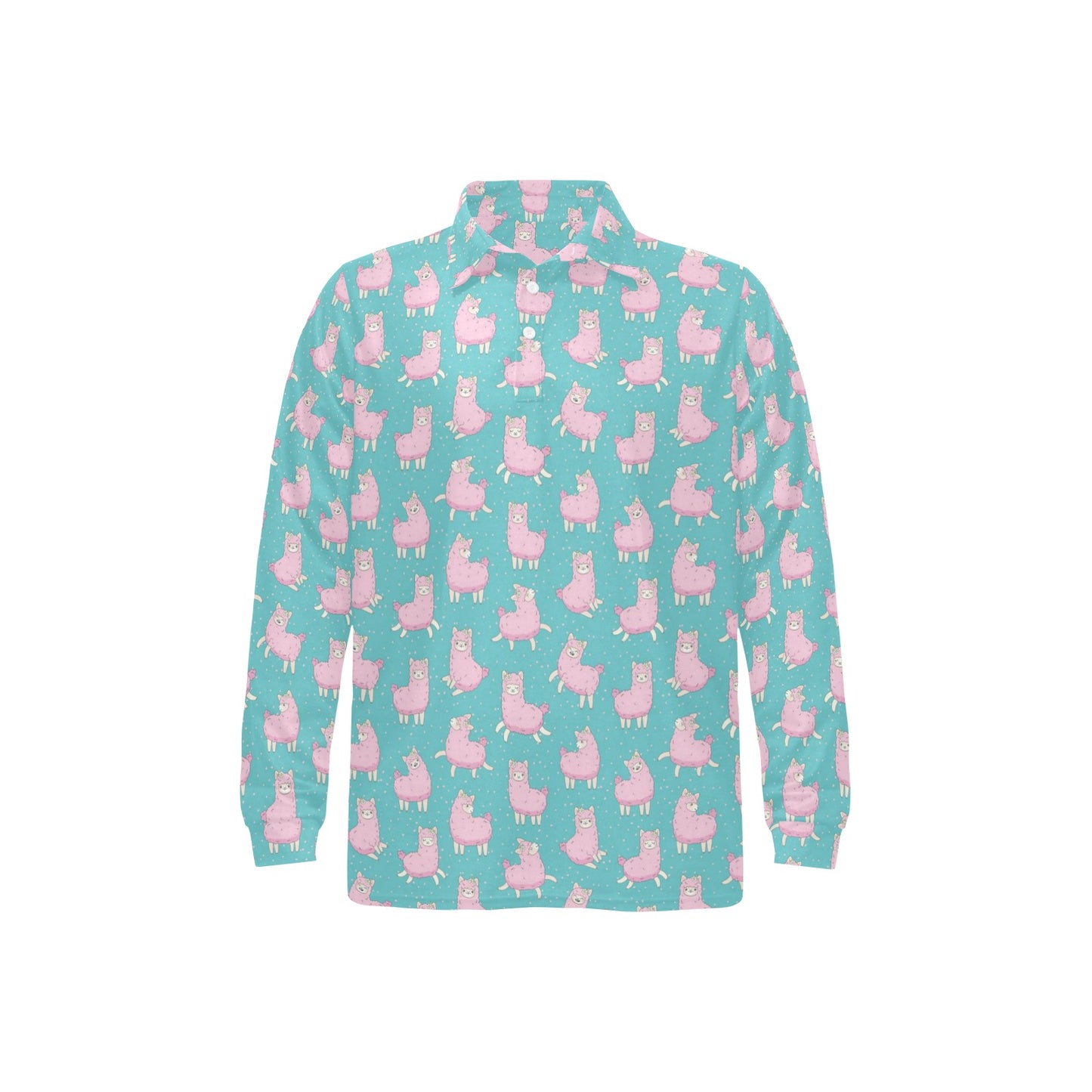 Alpaca Cartoon Design Themed Print Long Sleeve Polo Shirt For Men's