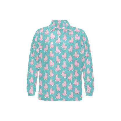 Alpaca Cartoon Design Themed Print Long Sleeve Polo Shirt For Men's