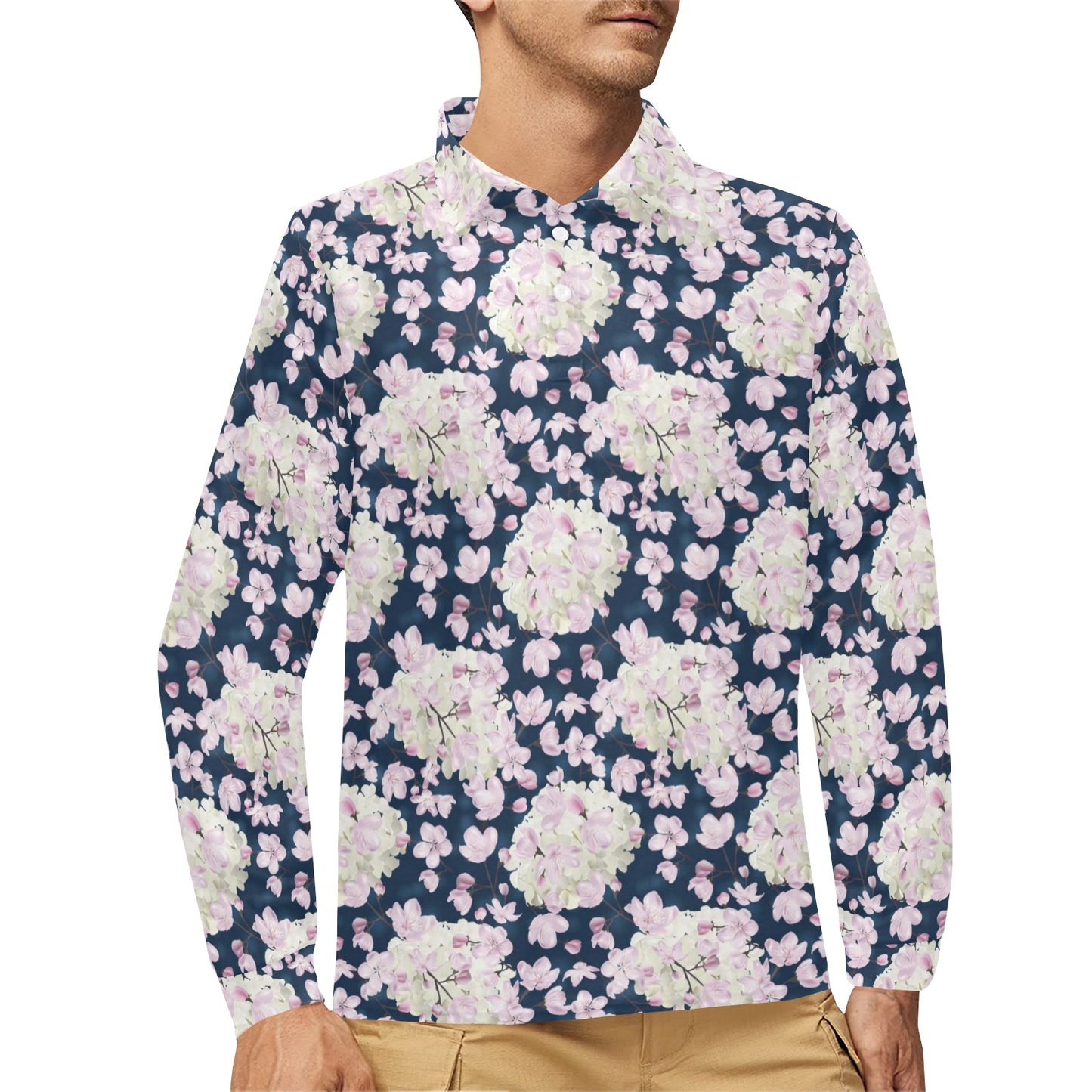 Sakura Print Design LKS305 Long Sleeve Polo Shirt For Men's