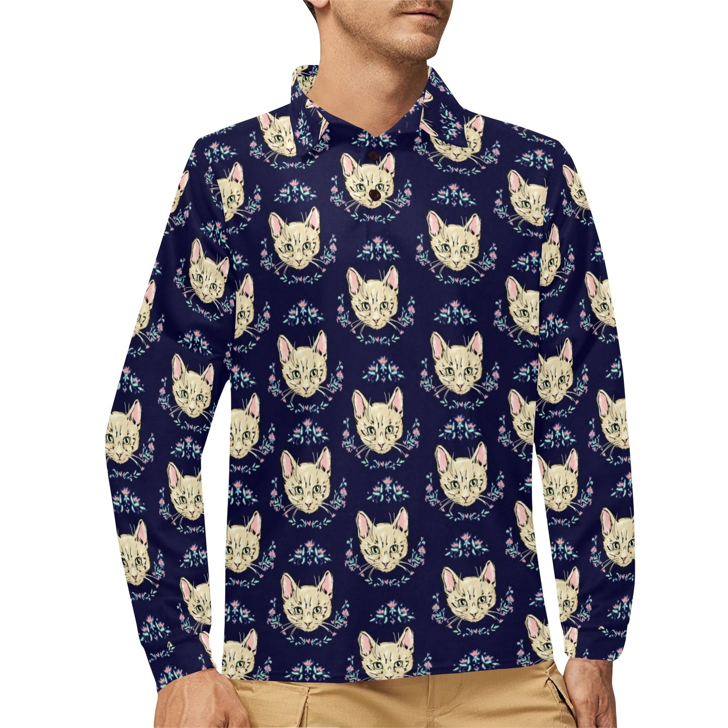 Cat Head with flower Print Pattern Long Sleeve Polo Shirt For Men's