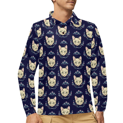 Cat Head with flower Print Pattern Long Sleeve Polo Shirt For Men's