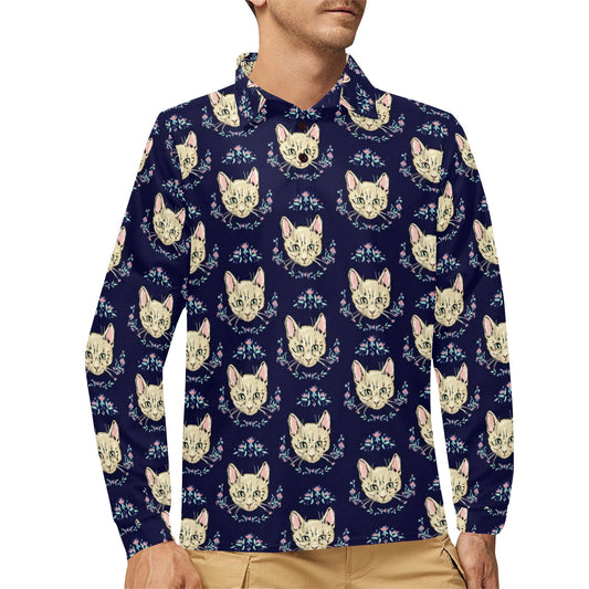 Cat Head with flower Print Pattern Long Sleeve Polo Shirt For Men's