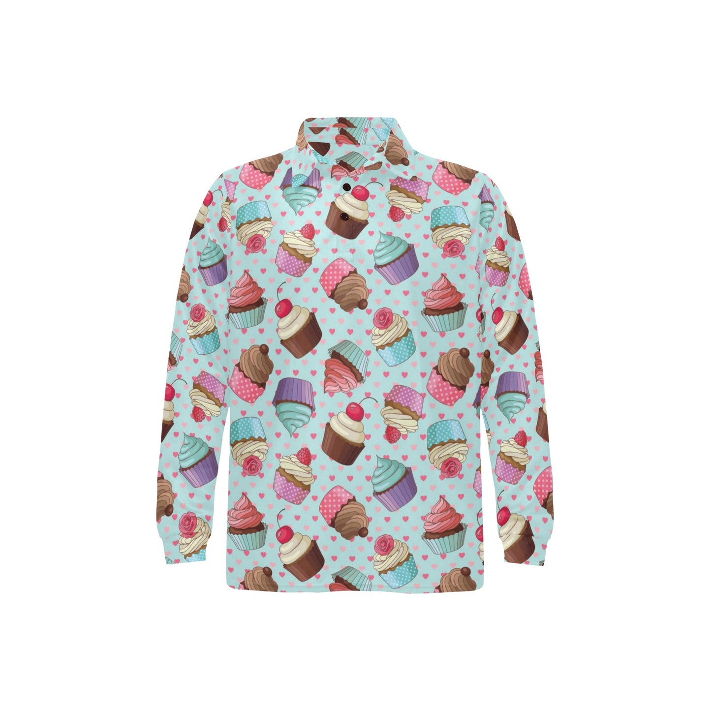 Cupcakes Fancy Heart Print Pattern Long Sleeve Polo Shirt For Men's