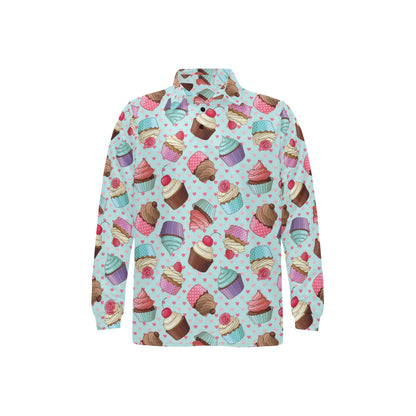 Cupcakes Fancy Heart Print Pattern Long Sleeve Polo Shirt For Men's