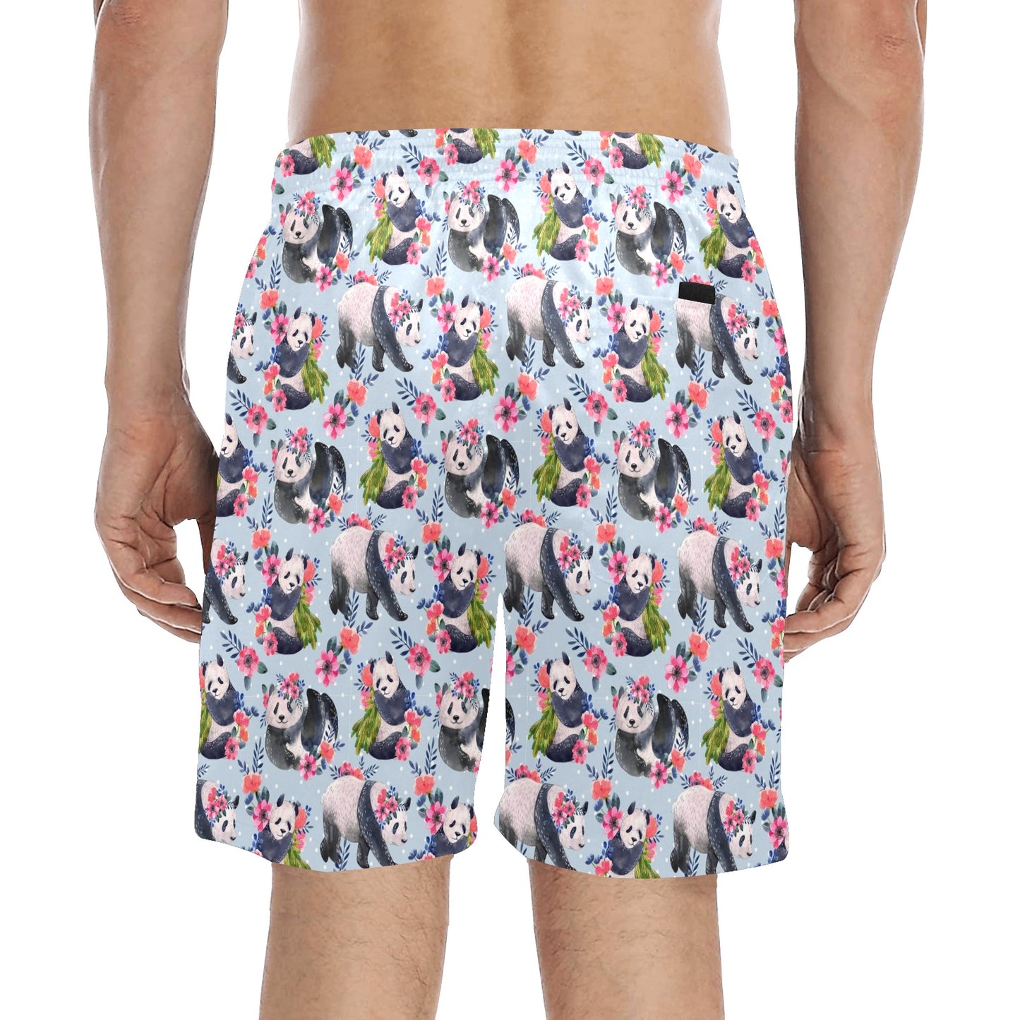 Panda Bear Flower Design Themed Print Men's Swim Trunks Beach Shorts