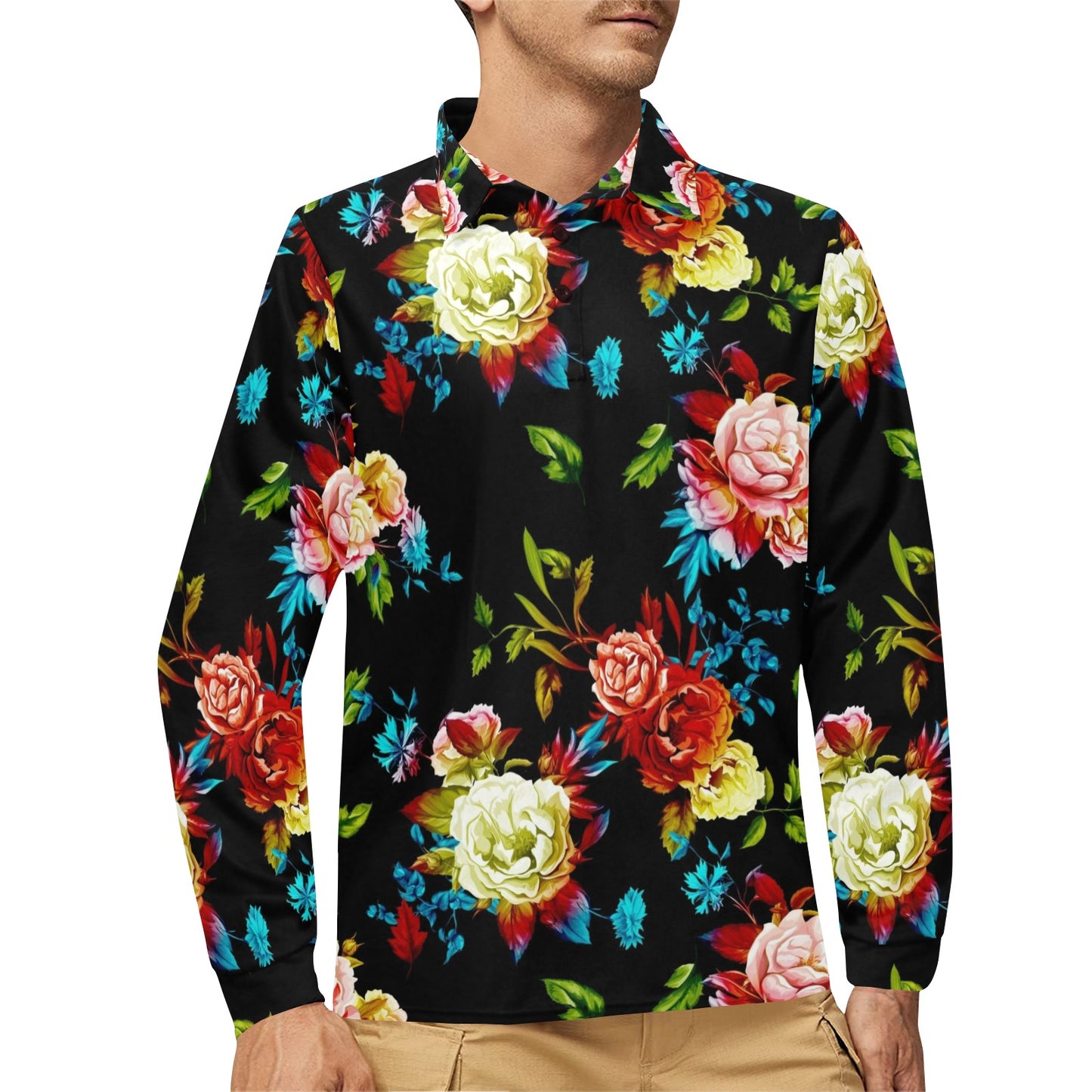 Peony Pattern Print Design PE07 Long Sleeve Polo Shirt For Men's