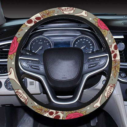 Skull Bone Rose Print Design LKS303 Steering Wheel Cover with Elastic Edge