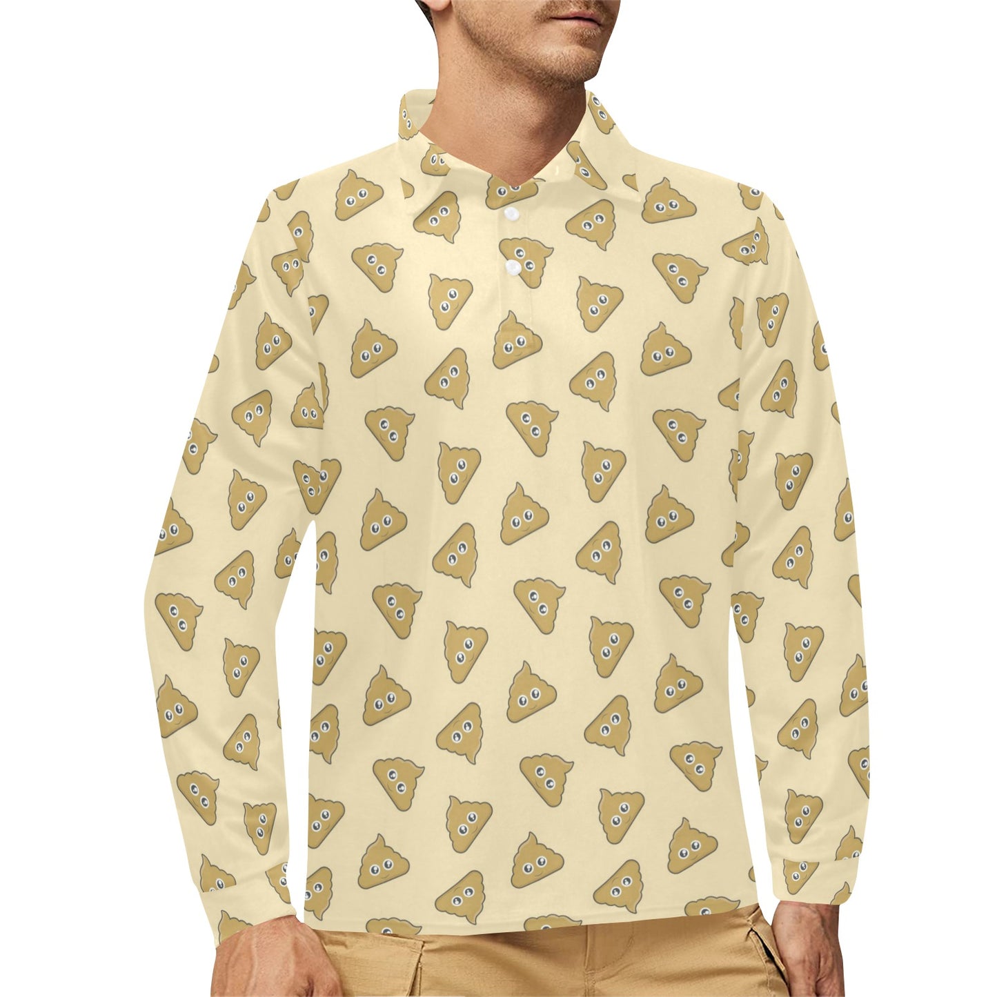 Poop Emoji Pattern Print Design A02 Long Sleeve Polo Shirt For Men's