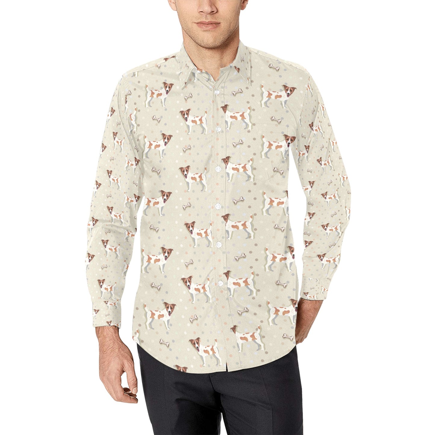 Russell Terriers With Bone Print Design LKS302 Men's Long Sleeve Dress Shirt