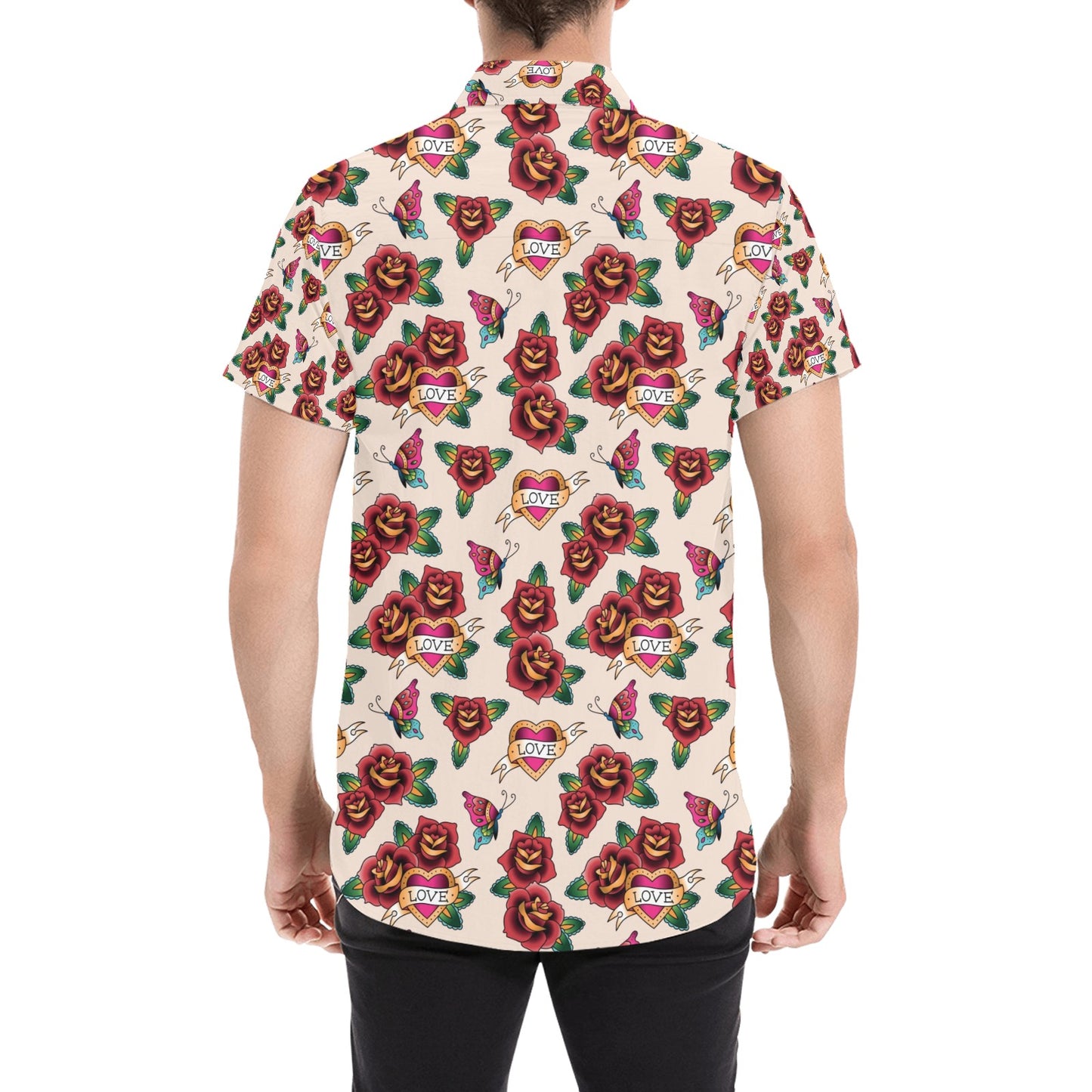Tattoo Rose Print Design LKS302 Men Short Sleeve Button Up Shirt