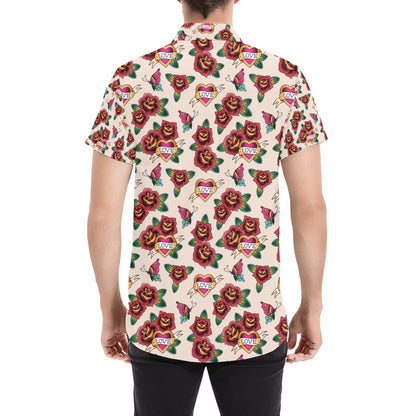 Tattoo Rose Print Design LKS302 Men Short Sleeve Button Up Shirt