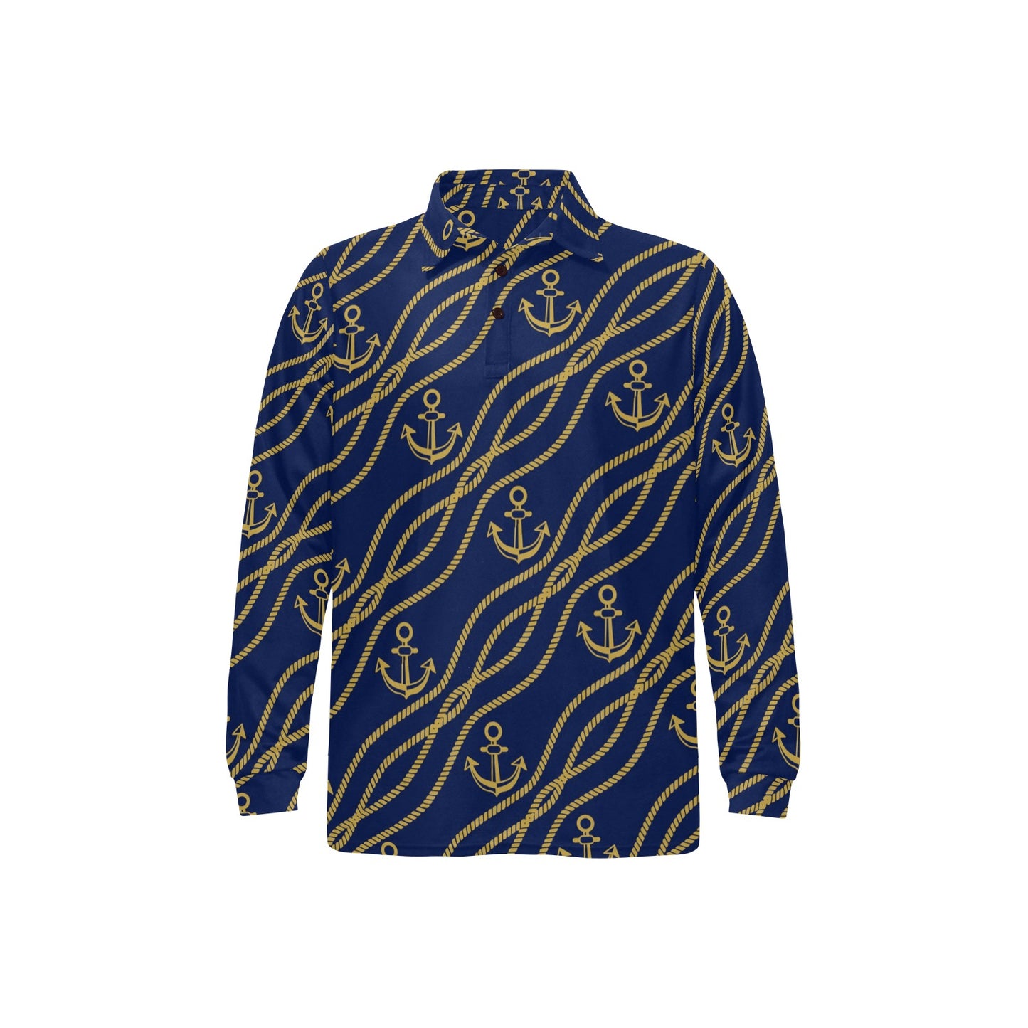 Nautical Anchor Rope Pattern Long Sleeve Polo Shirt For Men's