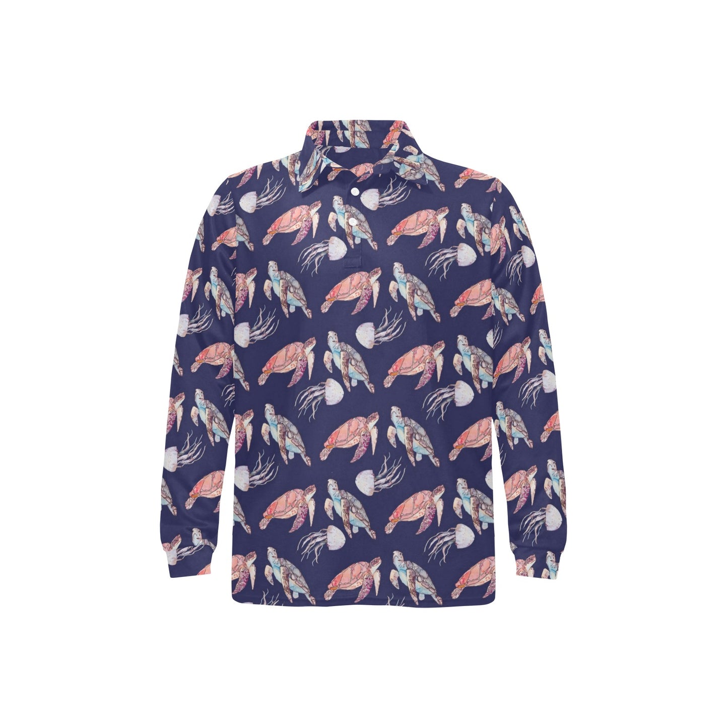 Sea Turtle With Jelly Fish Print Design LKS301 Long Sleeve Polo Shirt For Men's
