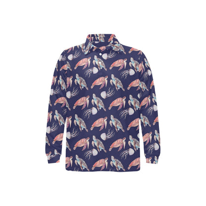 Sea Turtle With Jelly Fish Print Design LKS301 Long Sleeve Polo Shirt For Men's