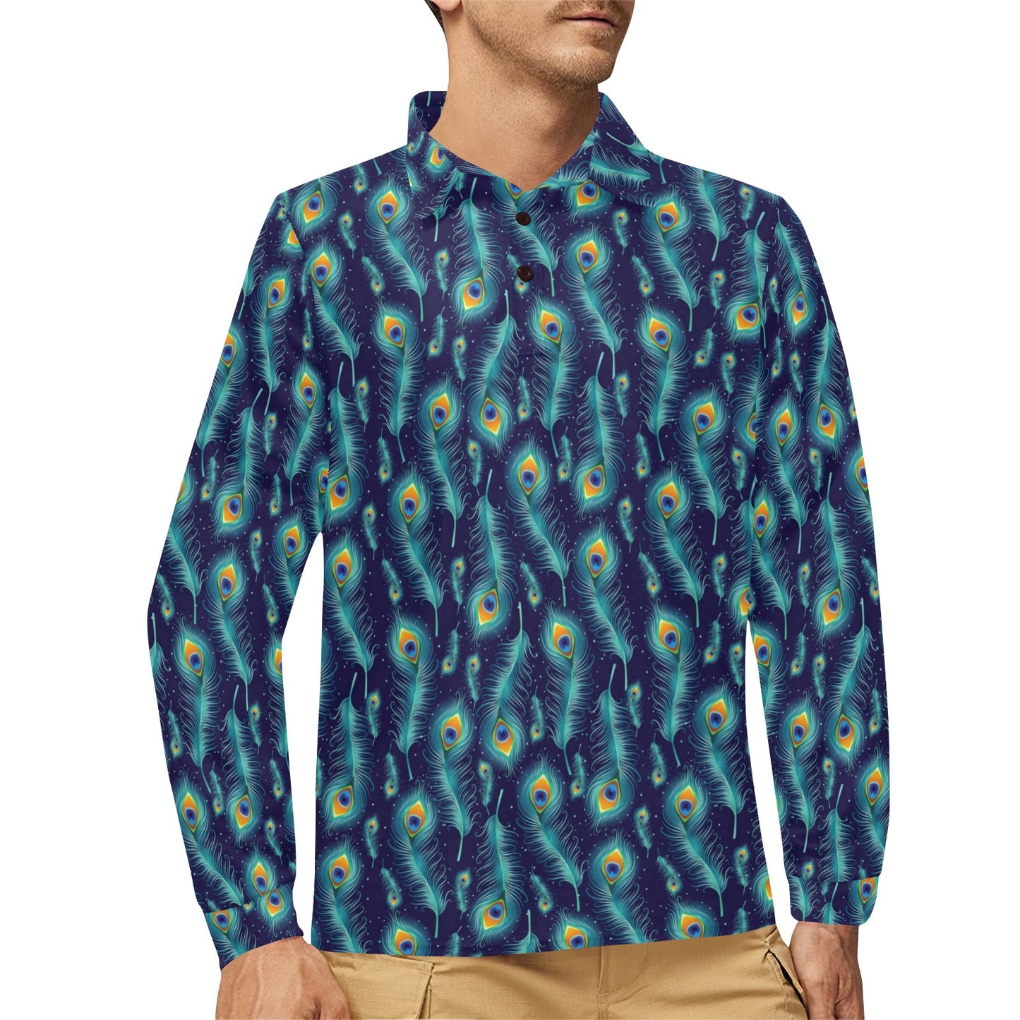 Peacock Feather Blue Design Print Long Sleeve Polo Shirt For Men's