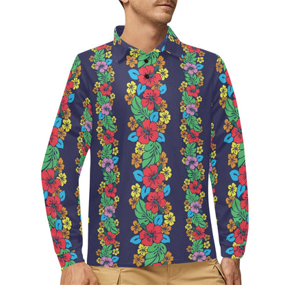 Hawaiian Themed Pattern Print Design H03 Long Sleeve Polo Shirt For Men's