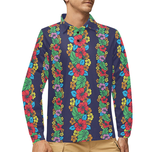Hawaiian Themed Pattern Print Design H03 Long Sleeve Polo Shirt For Men's