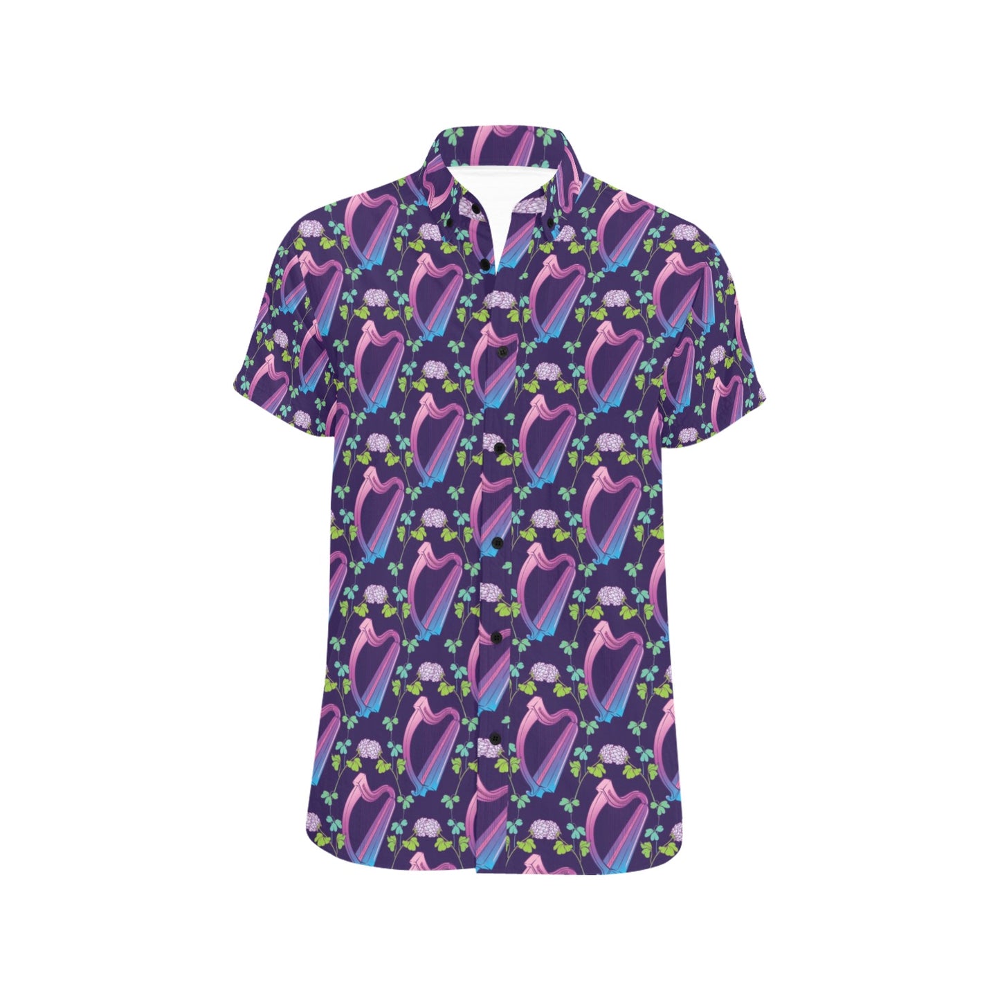 Harp Print Design LKS403 Men Short Sleeve Button Up Shirt