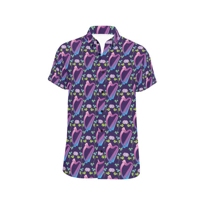Harp Print Design LKS403 Men Short Sleeve Button Up Shirt