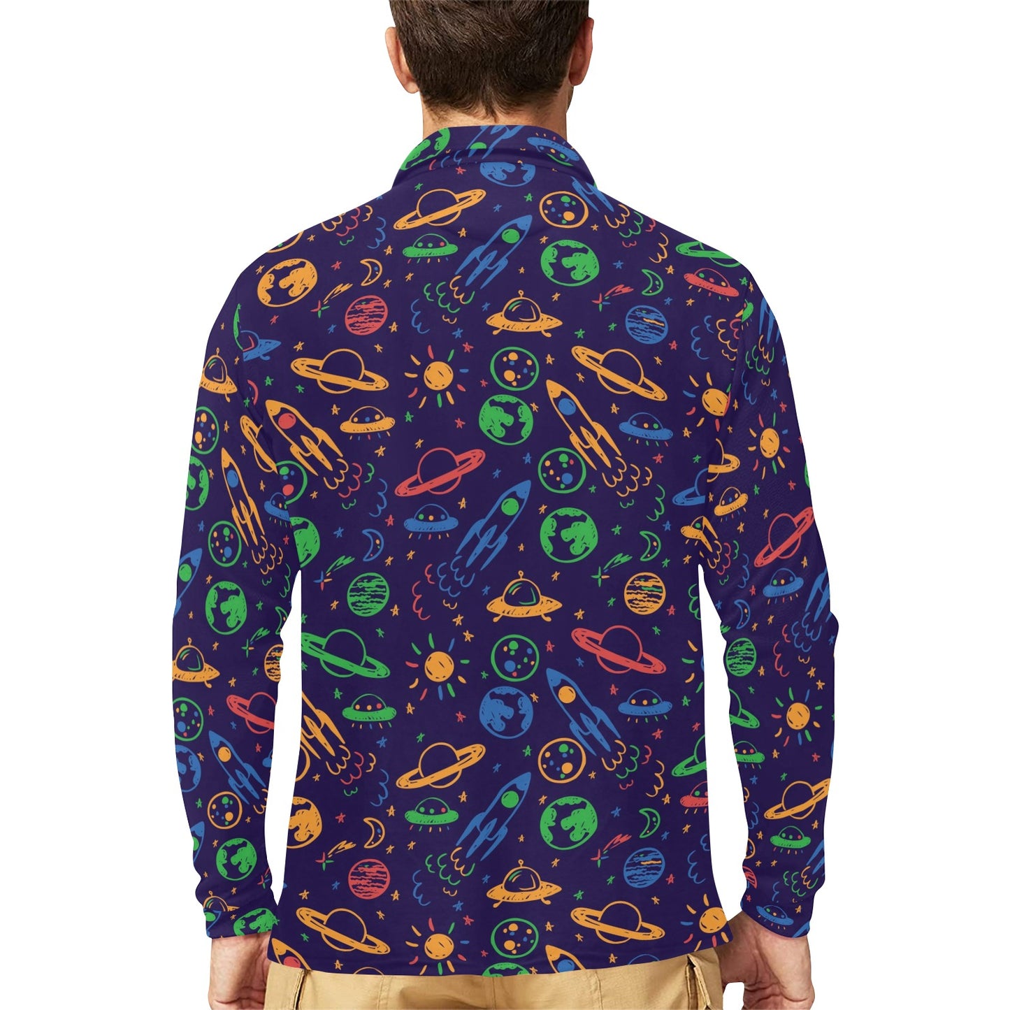 UFO Space Rocket Print Design LKS302 Long Sleeve Polo Shirt For Men's