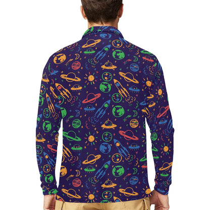 UFO Space Rocket Print Design LKS302 Long Sleeve Polo Shirt For Men's