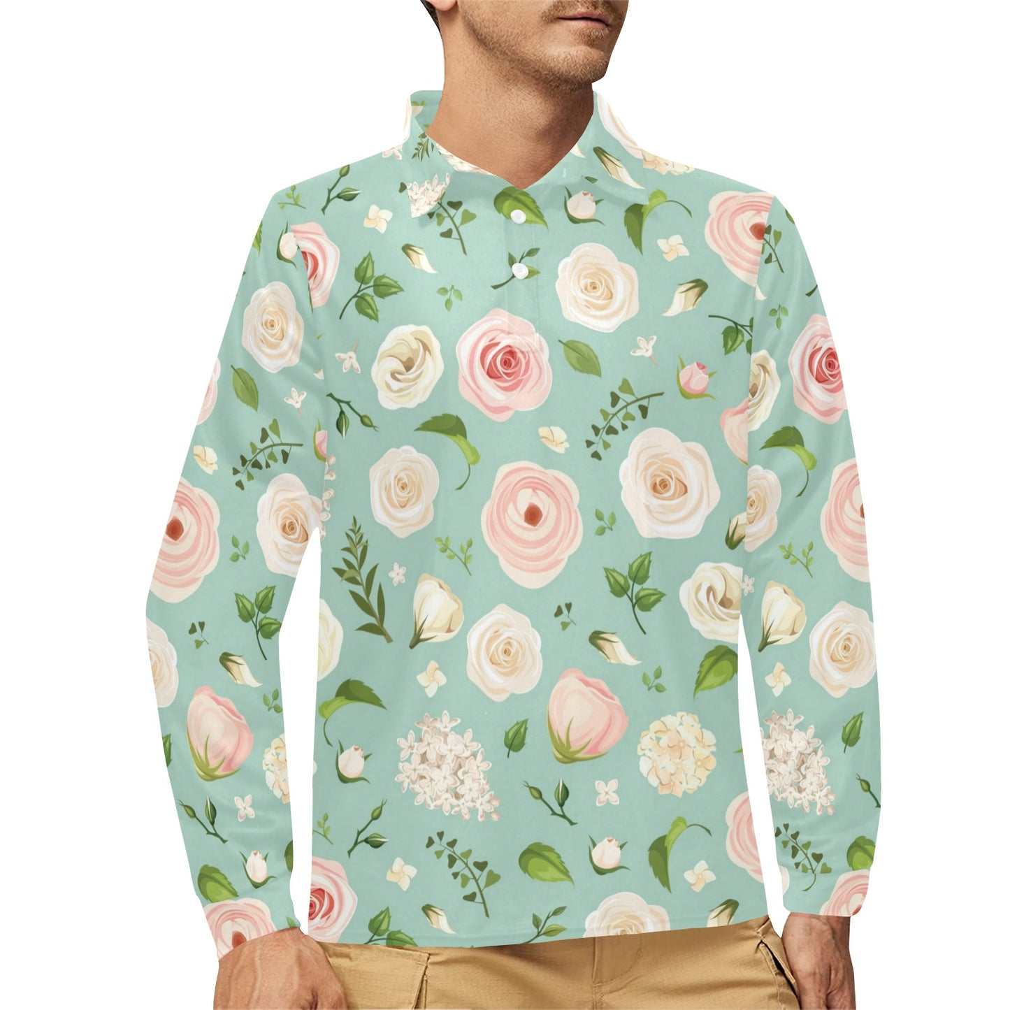 Lisianthus Pattern Print Design 01 Long Sleeve Polo Shirt For Men's