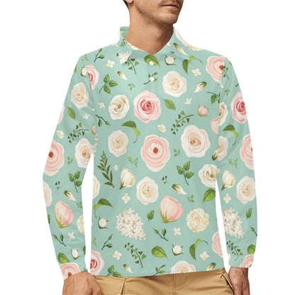 Lisianthus Pattern Print Design 01 Long Sleeve Polo Shirt For Men's