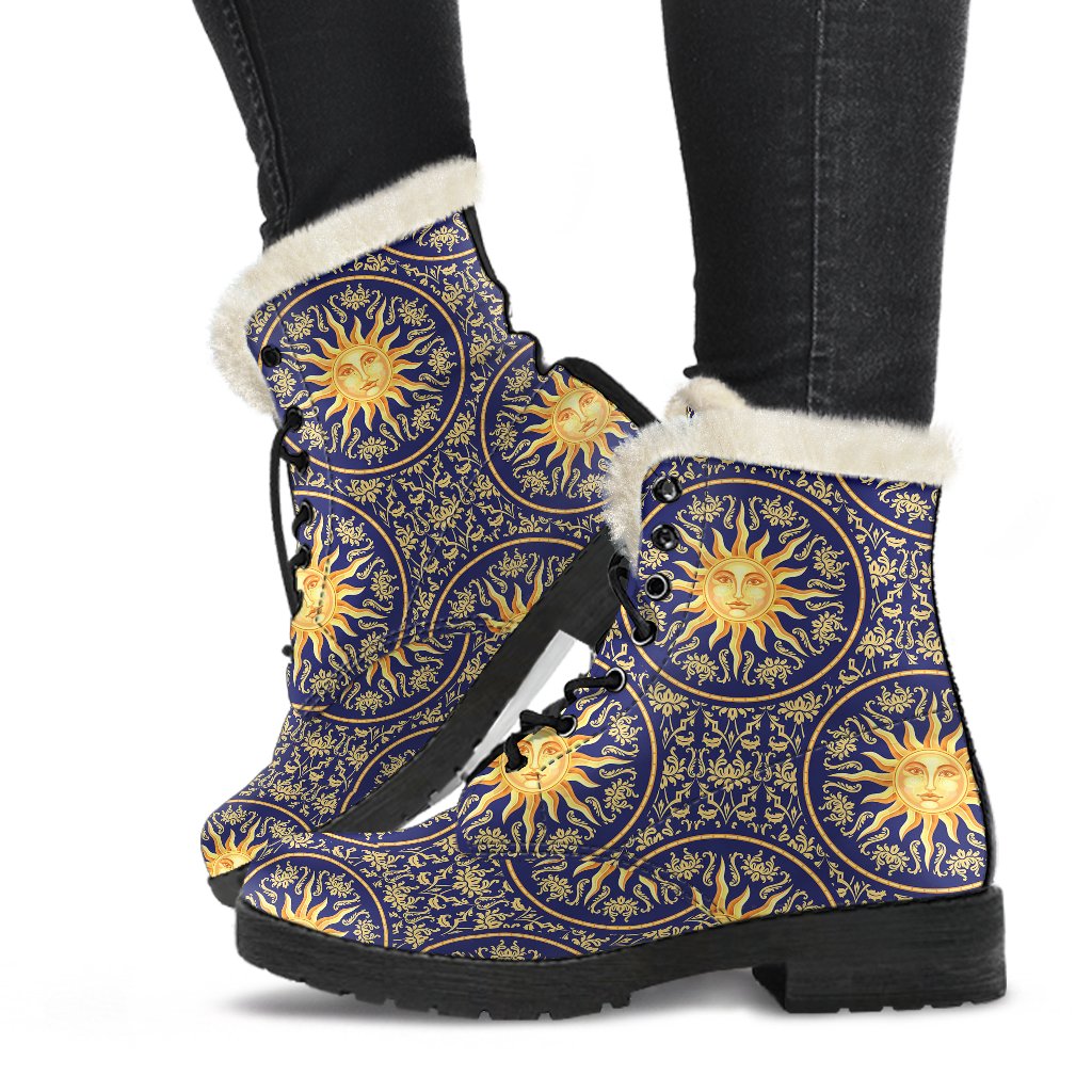 Celestial Gold Sun Face Faux Fur Leather Boots-JTAMIGO.COM