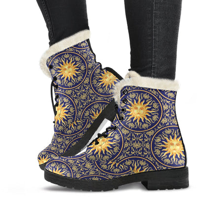 Celestial Gold Sun Face Faux Fur Leather Boots-JTAMIGO.COM