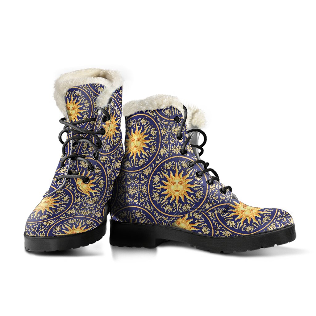 Celestial Gold Sun Face Faux Fur Leather Boots-JTAMIGO.COM