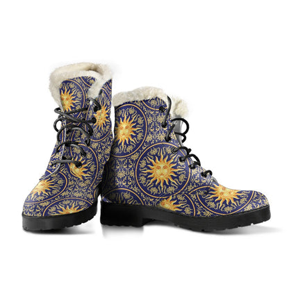 Celestial Gold Sun Face Faux Fur Leather Boots-JTAMIGO.COM