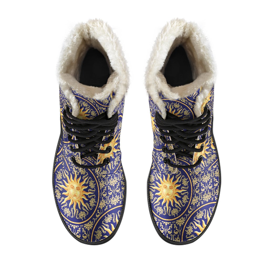 Celestial Gold Sun Face Faux Fur Leather Boots-JTAMIGO.COM