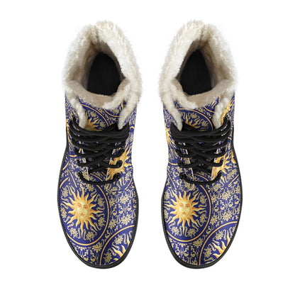 Celestial Gold Sun Face Faux Fur Leather Boots-JTAMIGO.COM