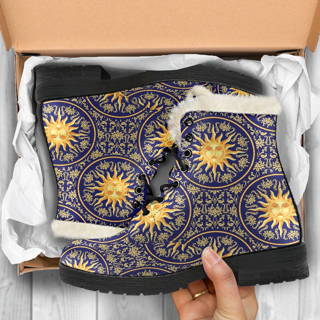 Celestial Gold Sun Face Faux Fur Leather Boots-JTAMIGO.COM
