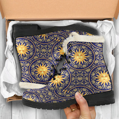 Celestial Gold Sun Face Faux Fur Leather Boots-JTAMIGO.COM