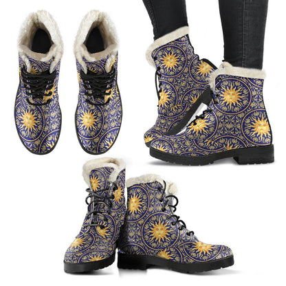 Celestial Gold Sun Face Faux Fur Leather Boots-JTAMIGO.COM