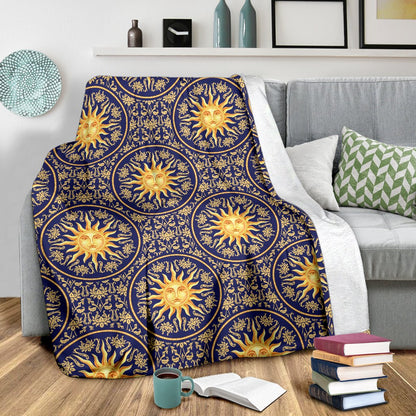 Celestial Gold Sun Face Fleece Blanket