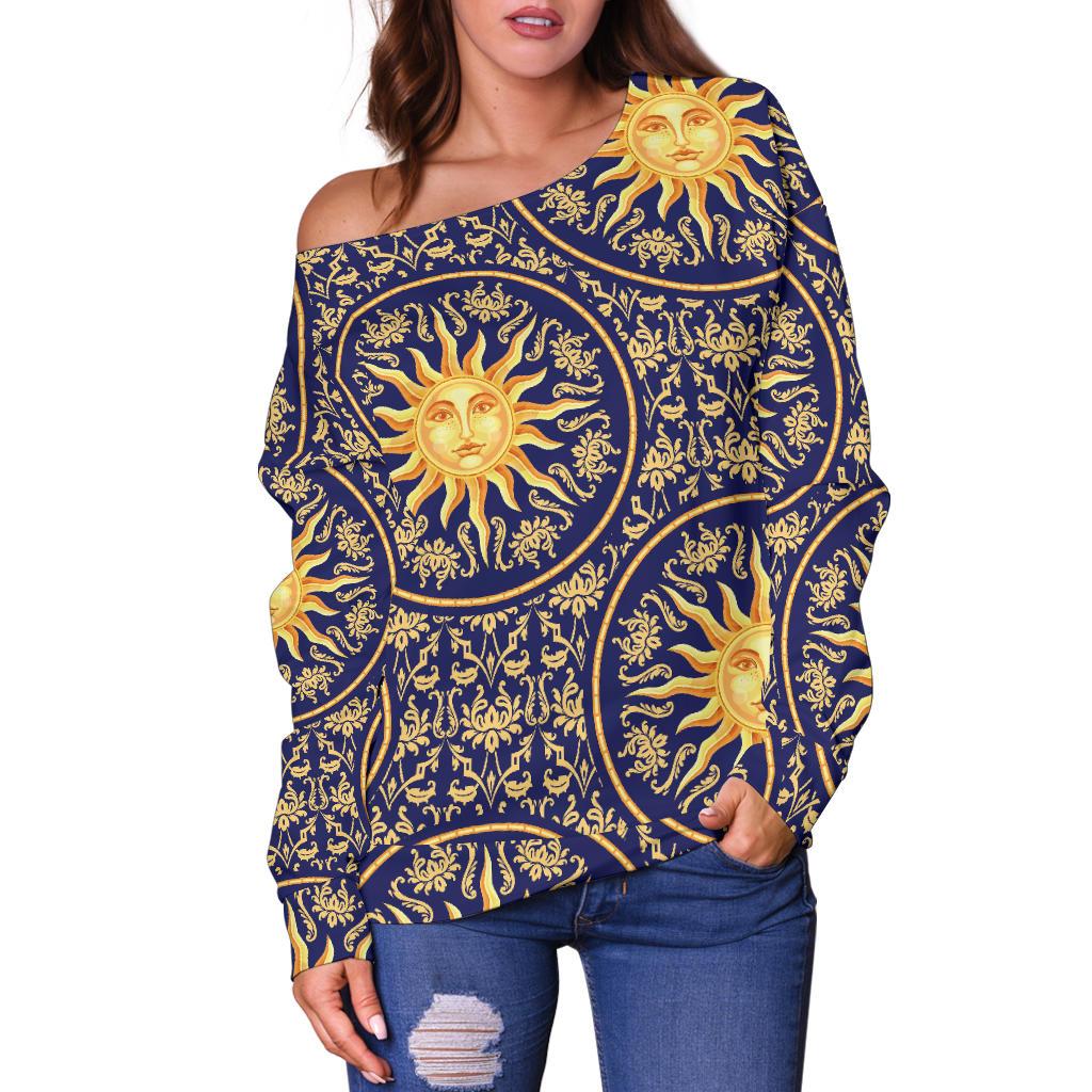 Celestial Gold Sun Face Off Shoulder Sweatshirt