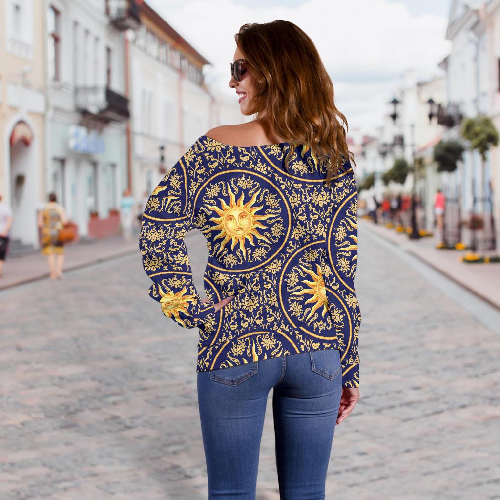 Celestial Gold Sun Face Off Shoulder Sweatshirt