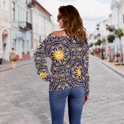 Celestial Gold Sun Face Off Shoulder Sweatshirt